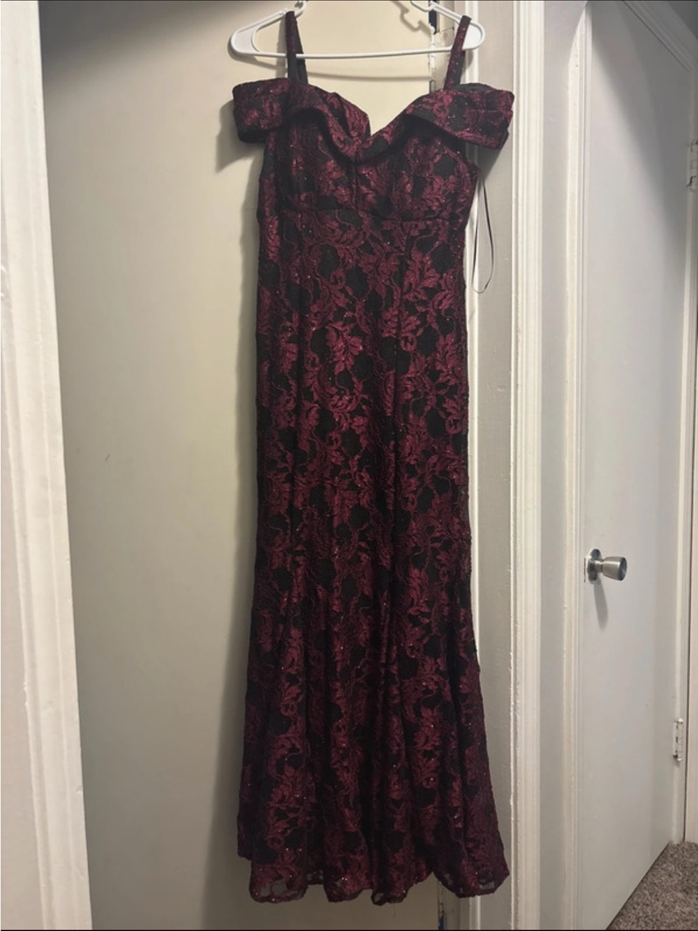 R&M Richards Burgundy Lace Off-Shoulder Maxi Gown